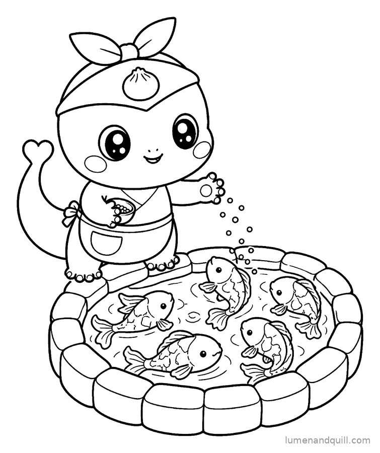 Dibujo para colorear de Yuki's Dumpling Market: Dando de comer a las carpas