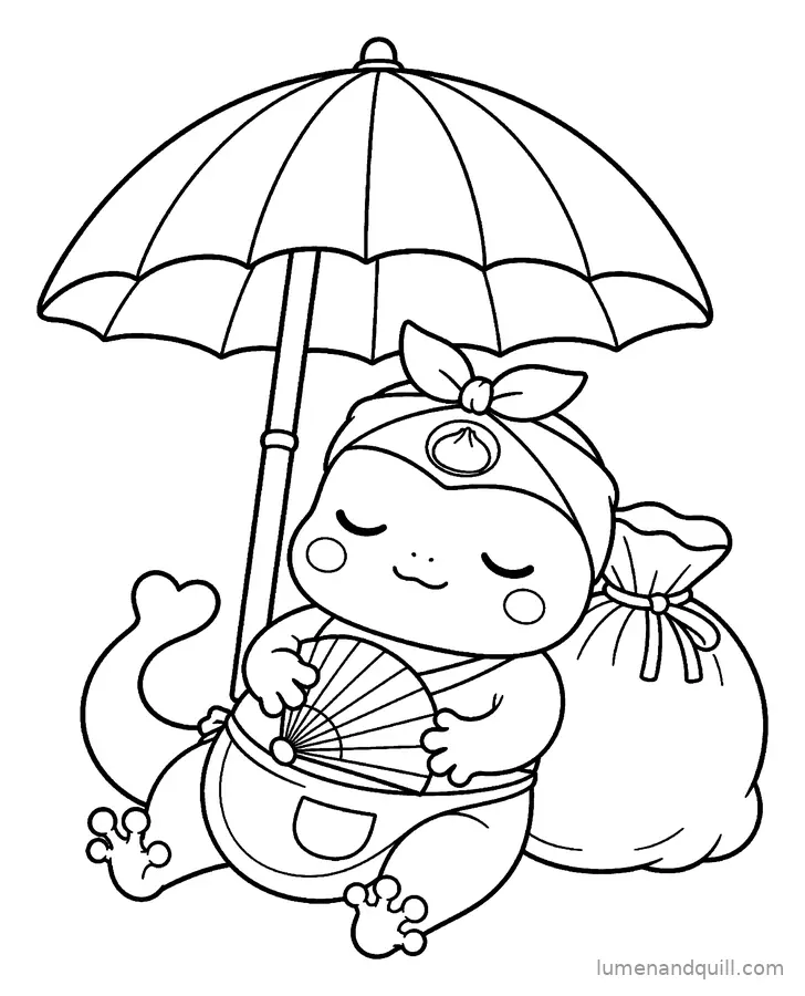 Dibujo para colorear de Yuki's Dumpling Market: Siesta en el saco de arroz