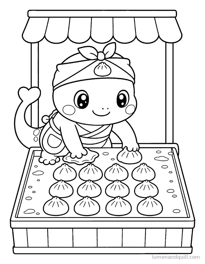 Dibujo para colorear de Yuki's Dumpling Market: Secando el mostrador