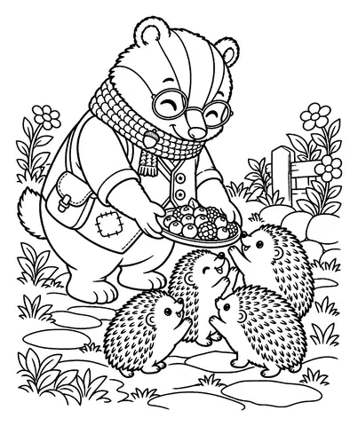 Free badger coloring pages: Breakfast for Hedgehogs