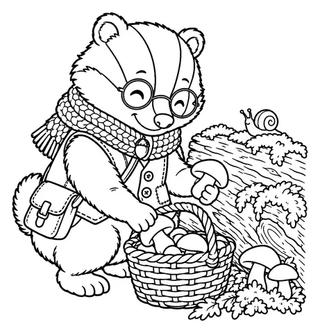 Free badger coloring pages: Mushroom Foraging