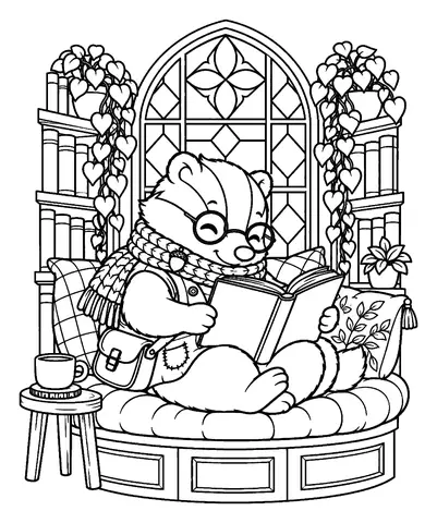 Free badger coloring pages: Reading Nook