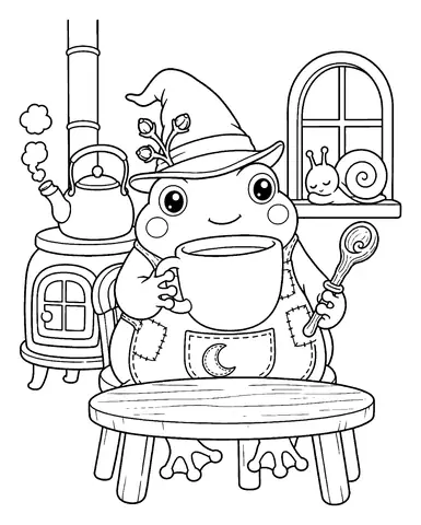 Rana para colorear e imprimir: Primero, el té de la mañana