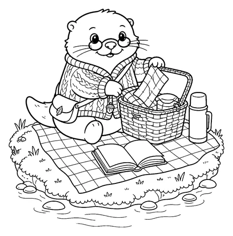 Ausmalbilder Otter kostenlos: Picknick am Flussufer