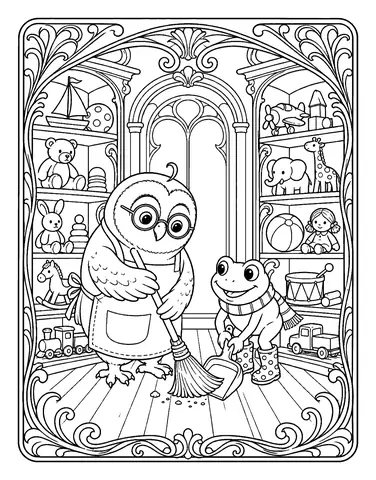 Free owl coloring pages: Sweeping Up