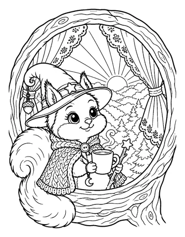 Coloriage écureuil à imprimer: Fenêtre au lever du soleil