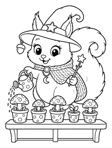 Coloriage écureuil à imprimer: Jardin sur le rebord de fenêtre