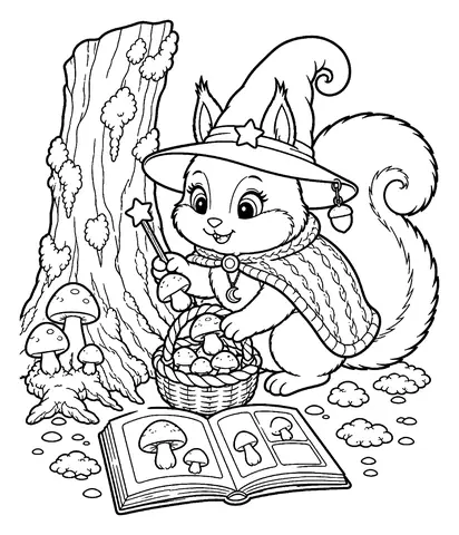 Coloriage écureuil à imprimer: Cueillette de champignons