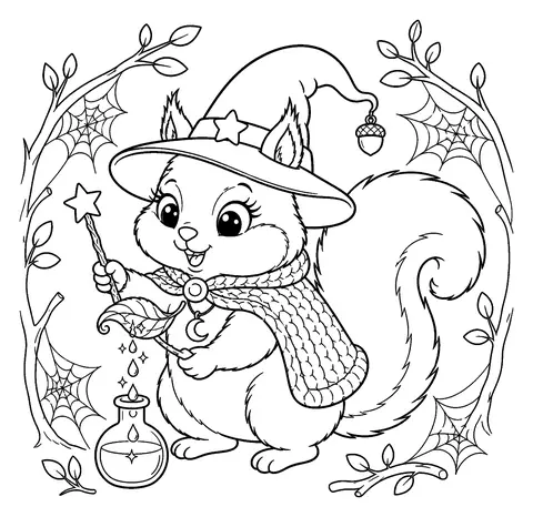Coloriage écureuil à imprimer: Récolte de gouttes de rosée